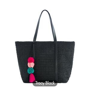 Shiraleah Black Woven Tote with Pink and Teal Pom Pom Charm